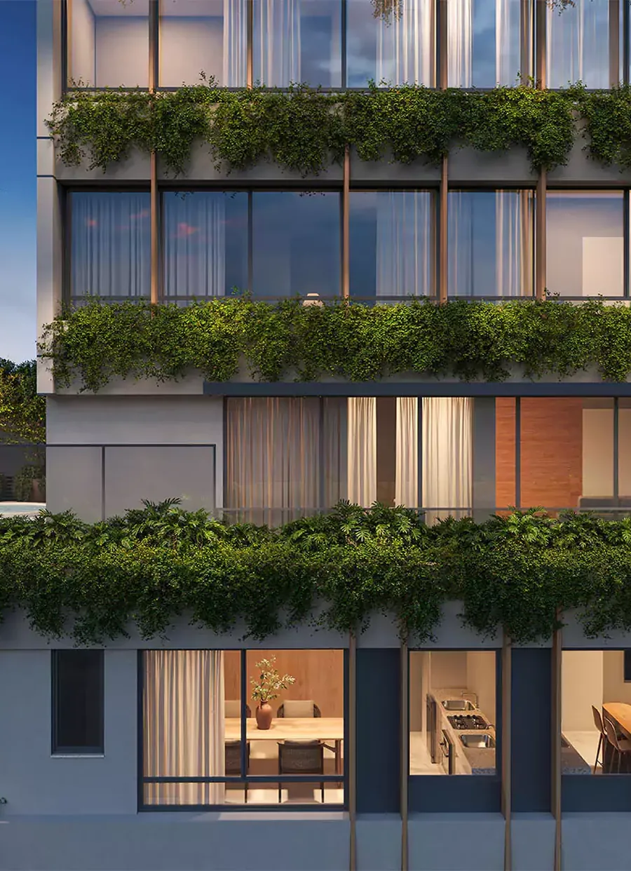 Fachada do Brickell com vegetação nas varandas